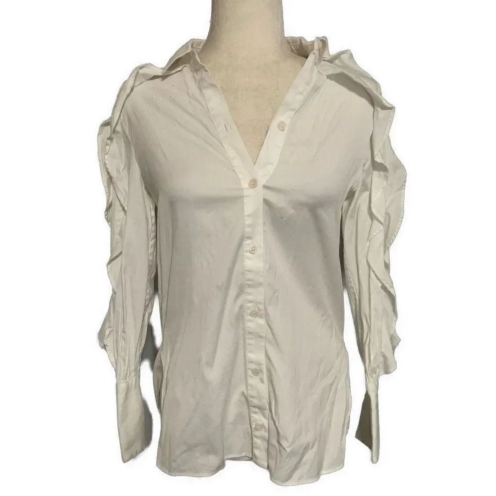 bcbgmaxazria npb16a21-100 Solid white Ruffle dress shirt Long Sleeve Xxs 00